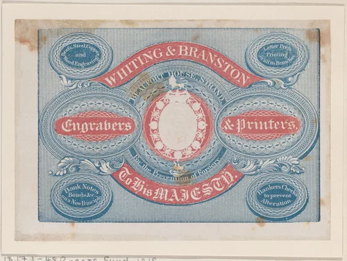 Trade Card for Whiting & Branston, Engravers & Printers by anonymous, print, 1800-1900