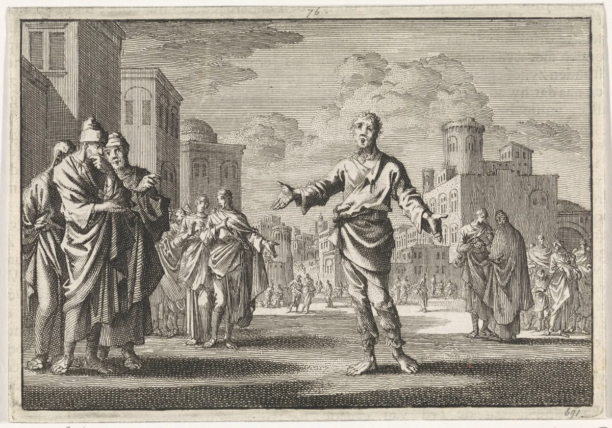Jezus, Ananus´ zoon, trekt door de straten van Jeruzalem by Jan Luyken, print, 1704