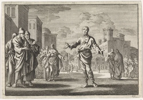 Jezus, Ananus´ zoon, trekt door de straten van Jeruzalem by Jan Luyken, print, 1704