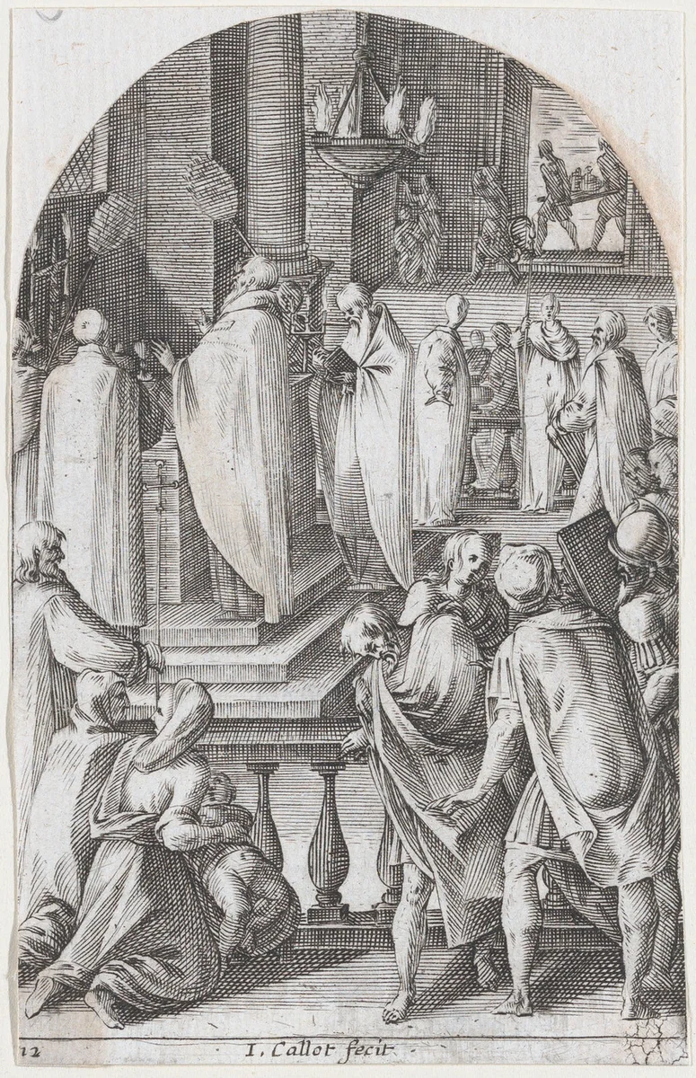 St. Basil Celebrating the Sacrifice of the Mass [The Celebration of the Holy Mysteries], plate 12 from "Les Tableaux de Rome, Les Eglises Jubilaires" (The Paintings of Rome, The Churches Jubilee) by Jacques Callot, print, 1607-1611