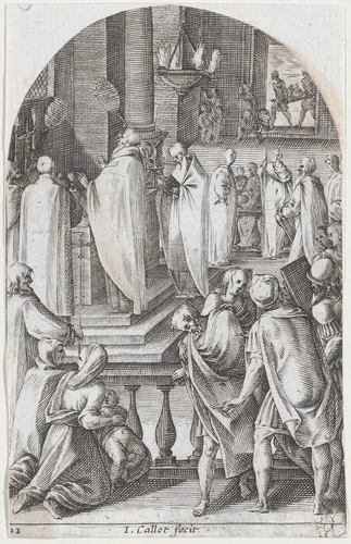 St. Basil Celebrating the Sacrifice of the Mass [The Celebration of the Holy Mysteries], plate 12 from "Les Tableaux de Rome, Les Eglises Jubilaires" (The Paintings of Rome, The Churches Jubilee) by Jacques Callot, print, 1607-1611