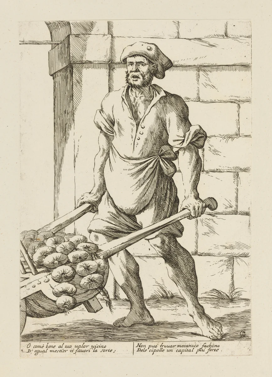 Onion Seller, from Di Bologna l'Arti per via D'An.ibal' Ca.rac, plate 28 by Giuseppe Maria Mitelli, print, 1660