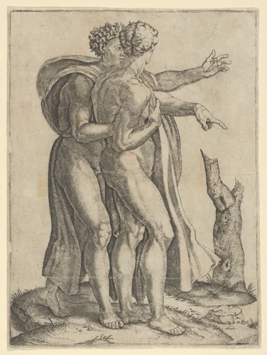 Two naked men, the sons of Noah, standing in profile facing right, both pointing by Marcantonio Raimondi, print, 1495-1539