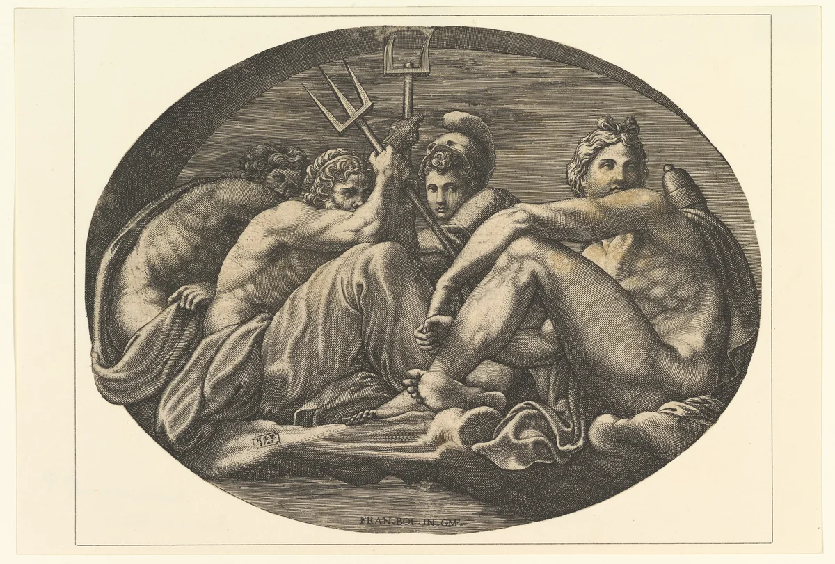 Pluto, Neptune, Minerva, and Apollo, from a series of eight compositions after Francesco Primaticcio's designs for the ceiling of the Ulysses Gallery (destroyed 1738–39) at Fontainebleau by Giorgio Ghisi, print, 1560-1569