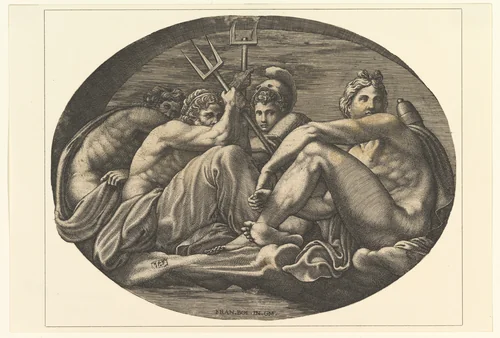 Pluto, Neptune, Minerva, and Apollo, from a series of eight compositions after Francesco Primaticcio's designs for the ceiling of the Ulysses Gallery (destroyed 1738–39) at Fontainebleau by Giorgio Ghisi, print, 1560-1569