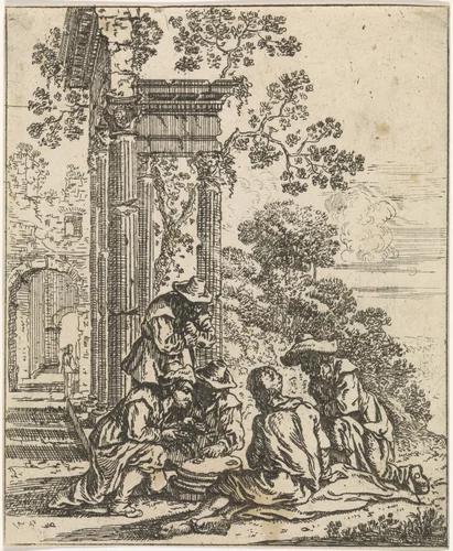 Ruïne met kaartspelers by Frans Geffels, print, 1659-1671