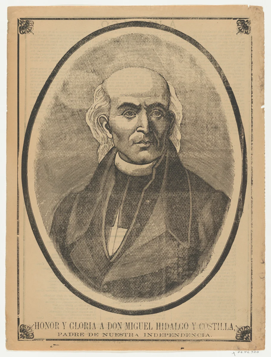 Broadsheet with portrait of Don Miguel Hidalgo y Costilla by anonymous, print, 1895-1905