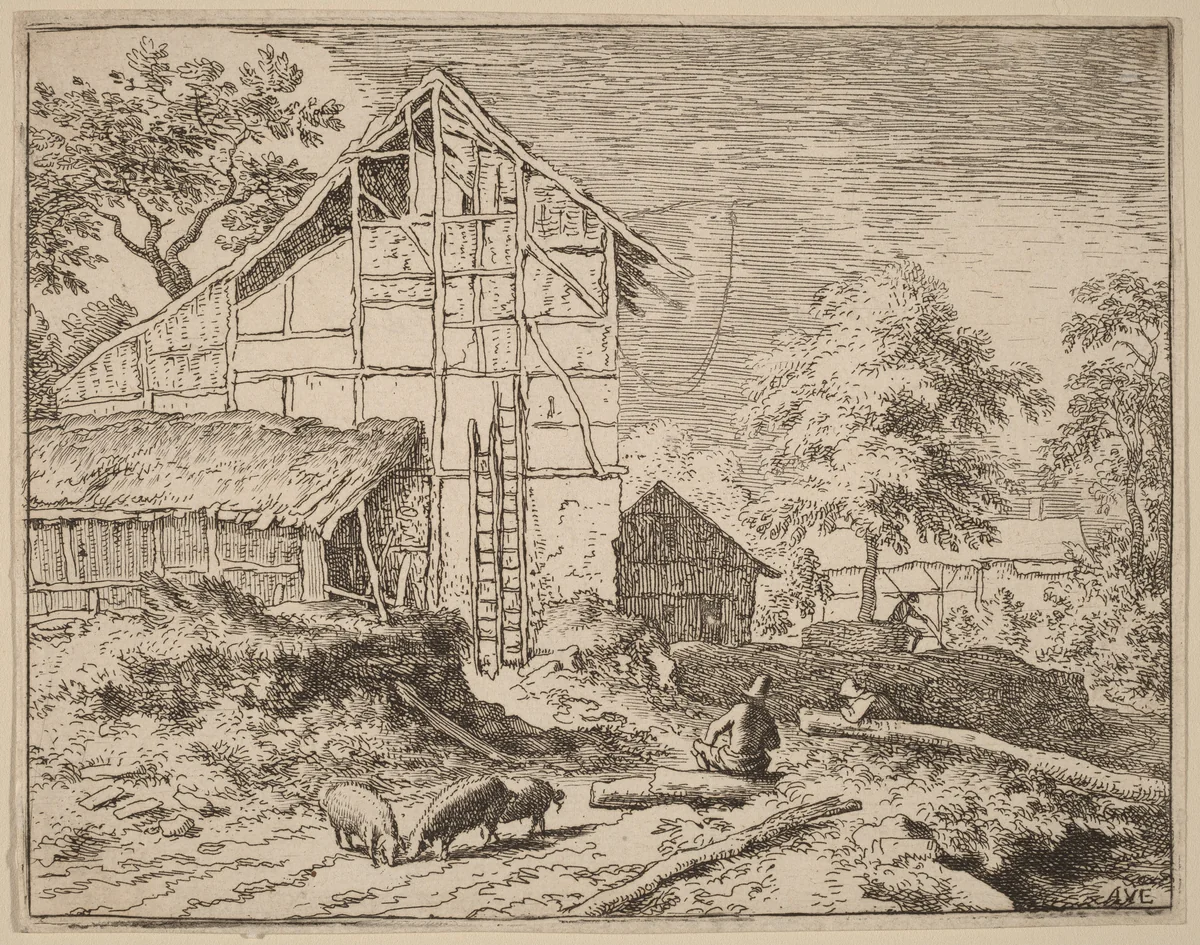 Cottage with Two Ladders by Allart van Everdingen, print, 1645-1656