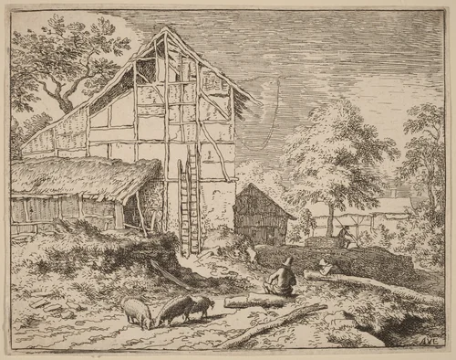 Cottage with Two Ladders by Allart van Everdingen, print, 1645-1656