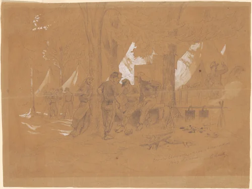 Camp Ellsworth, Near Alexandria—Five Zouaves by Emanuel Leutze, drawing, 1860-1870