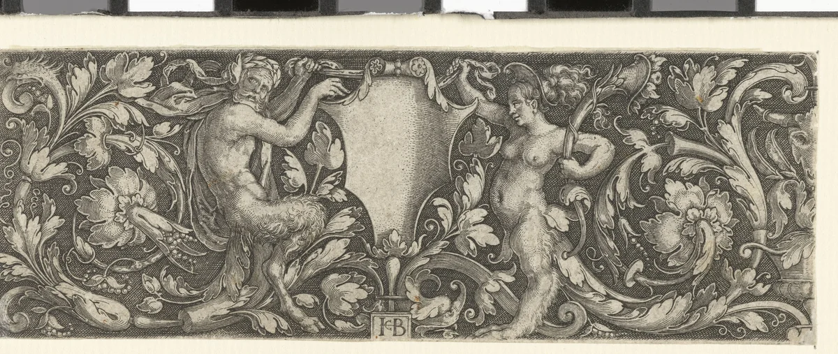 Fries met een schild gedragen door een mannelijke en een vrouwelijke satyr by Unknown, print, 1510-1569