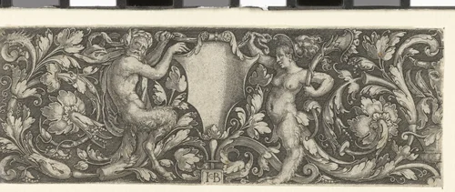 Fries met een schild gedragen door een mannelijke en een vrouwelijke satyr by Unknown, print, 1510-1569