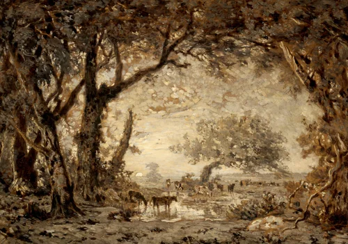 Sunset from the Forest of Fontainebleau by Théodore Rousseau, drawing, 1848