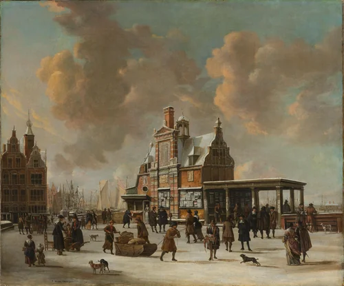 The Paalhuis and the Nieuwe Brug, Amsterdam, in the Winter by Jan Abrahamsz. Beerstraten, painting, 1640-1666
