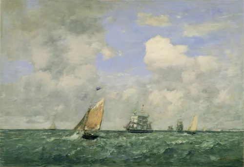 Ships and Sailing Boats Leaving Le Havre by Eugène Boudin, painting, 1887