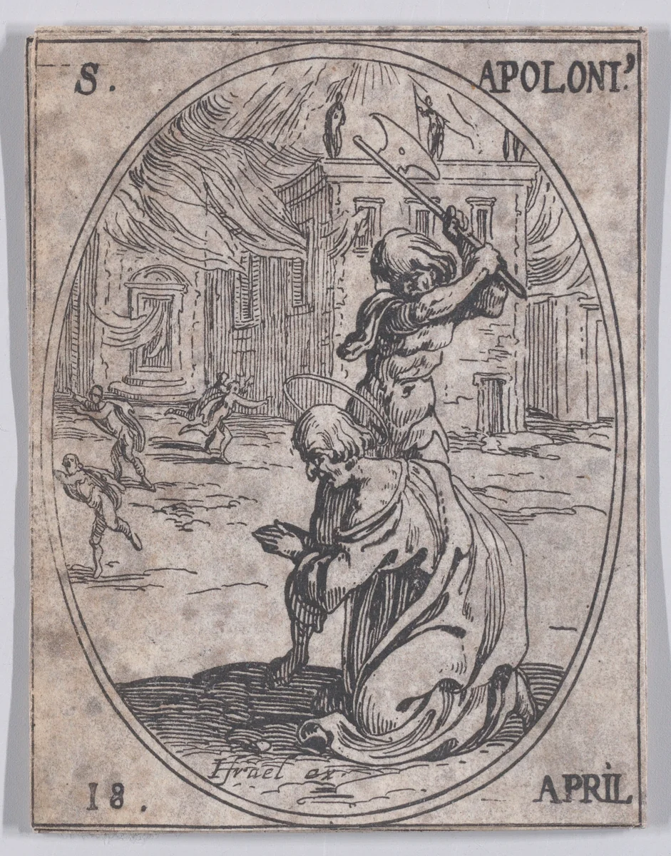 St. Apollonius, April 18th, from "Les Images De Tous Les Saincts et Saintes de L'Année" (Images of All of the Saints and Religious Events of the Year) by Jacques Callot, print, 1636