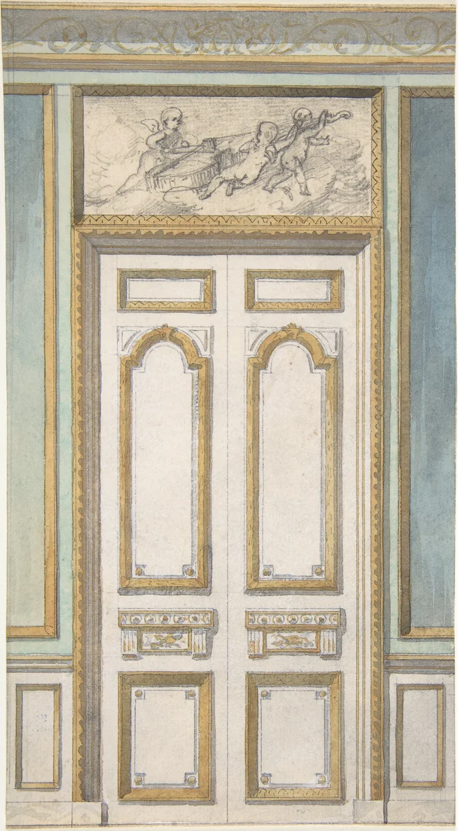 Design for Single Door and Overdoor Panel with Cupids Bearing a Violin by Jules-Edmond-Charles Lachaise, drawing, 1850-1900
