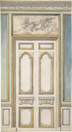 Design for Single Door and Overdoor Panel with Cupids Bearing a Violin by Jules-Edmond-Charles Lachaise, drawing, 1850-1900