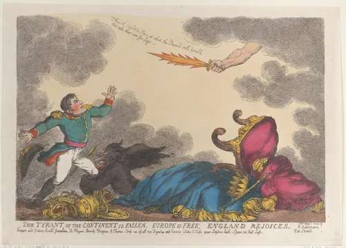 The Tyrant of the Continent is Fallen, Europe is Free, England Rejoices by Thomas Rowlandson, print, 1814