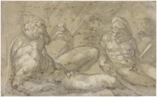 Drie liggende naakte mannen (riviergoden?) by anonymous, drawing, 1540-1600