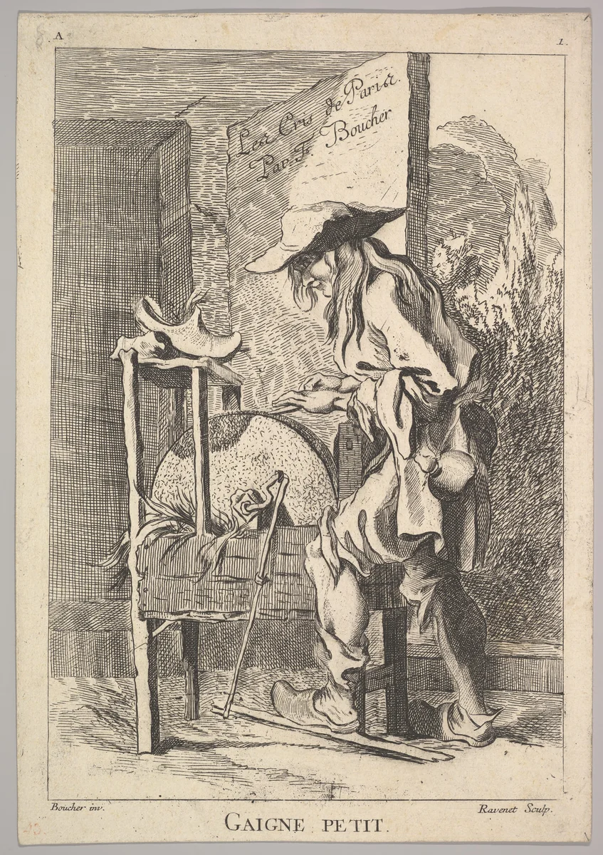 Reverse copy of the Frontispiece: Gaigne Petit, plate 1 from "Le Cris de Paris" (The Cries of Paris) by Simon Ravenet, print, 1721-1774