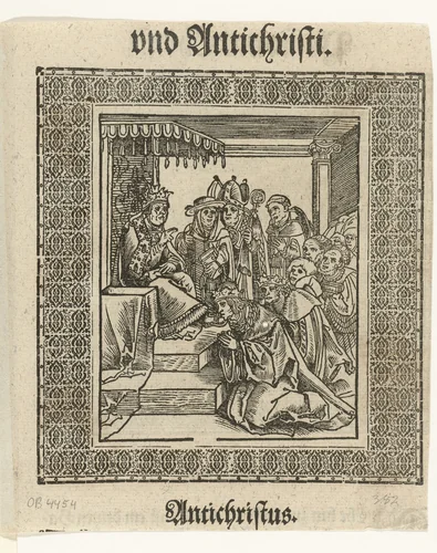 Keizer kust de voeten van de paus by Lucas Cranach, print, 1521-1522