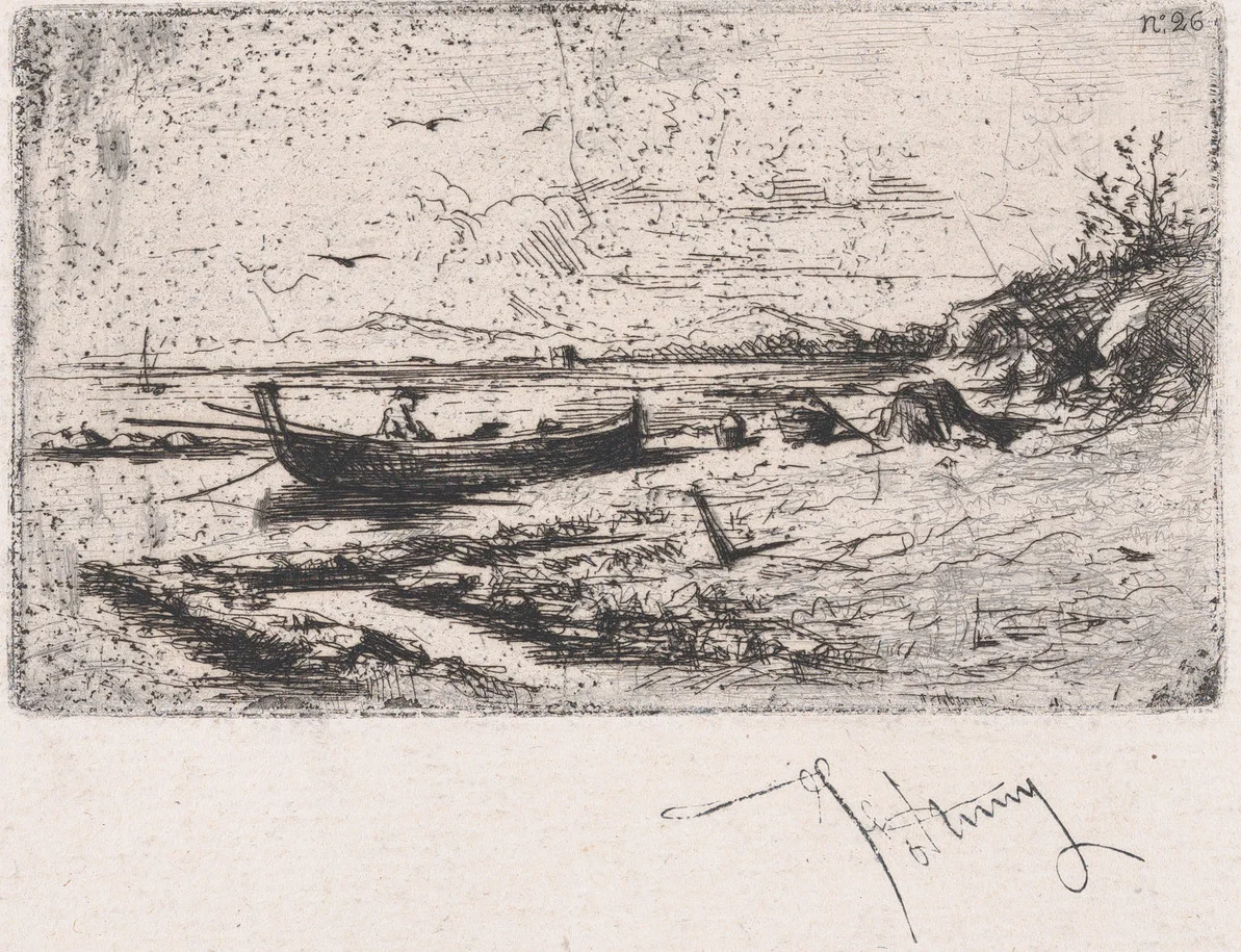 A boat near the shoreline of a beach or a river by Mariano Fortuny, print, 1860-1870