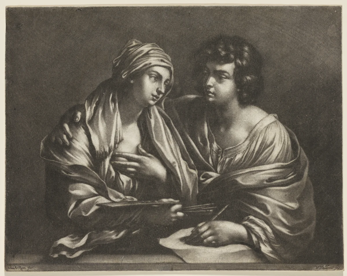 Personification of Painting and Drawing (or a draughtsman and Pictura) by Wallerant Vaillant, print, 1640-1677