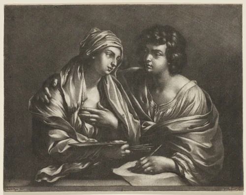 Personification of Painting and Drawing (or a draughtsman and Pictura) by Wallerant Vaillant, print, 1640-1677