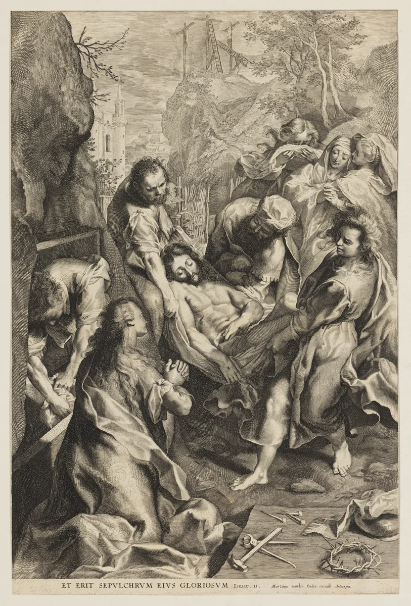 The Entombment of Christ, with the instruments of the passion in the foreground right and the three crosses in the background at top by Martinus van den Enden, print, 1590-1600