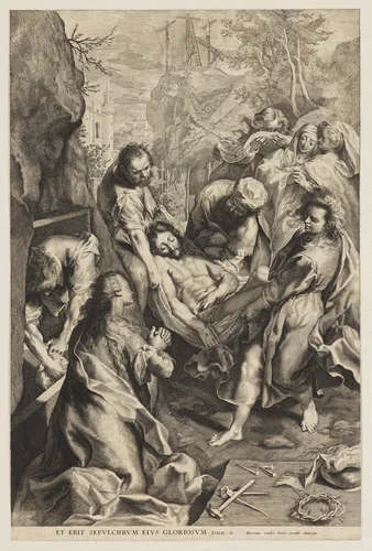 The Entombment of Christ, with the instruments of the passion in the foreground right and the three crosses in the background at top by Martinus van den Enden, print, 1590-1600