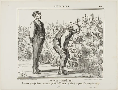 Emotions From the Countryside. “- Have to see how the wine grows… haven't never seen it before…,” plate 436 from Actualités by Honoré-Victorin Daumier, print, 1857