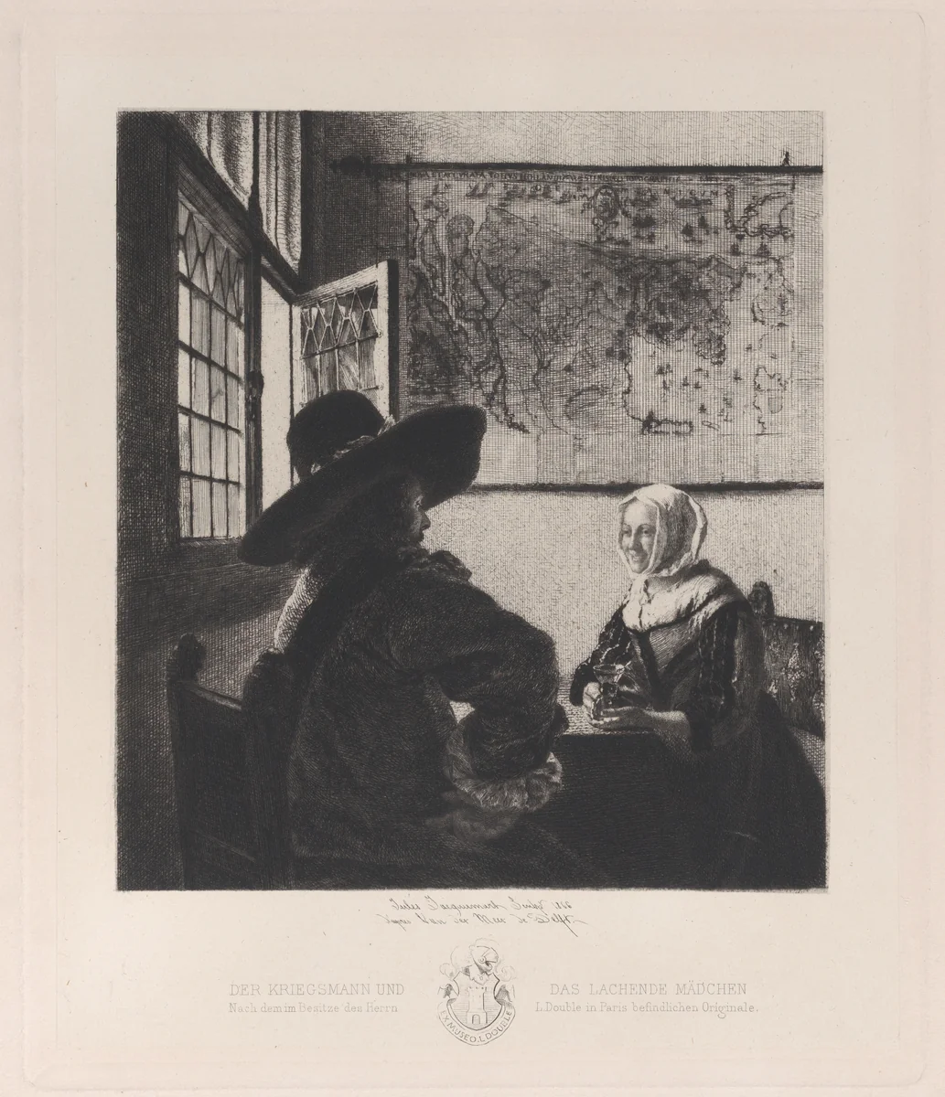 Officer and Laughing Girl, after Vermeer by Jules Ferdinand Jacquemart, print, 1866