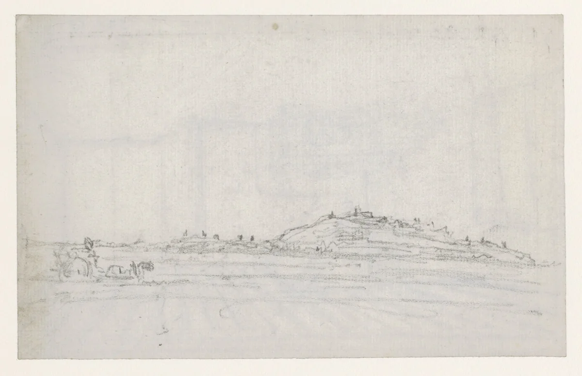 Montmartre gezien uit de vlakte, links paard en wagen by Georges Michel, drawing, 1773-1843