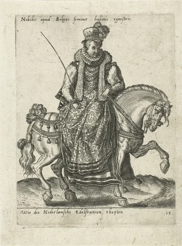 Nederlandse edelvrouw te paard by Unknown, print, 1577
