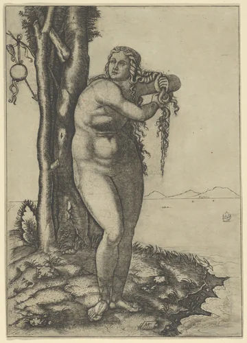 Venus wringing the water from her hair, standing at the water's edge by Marcantonio Raimondi, print, 1506