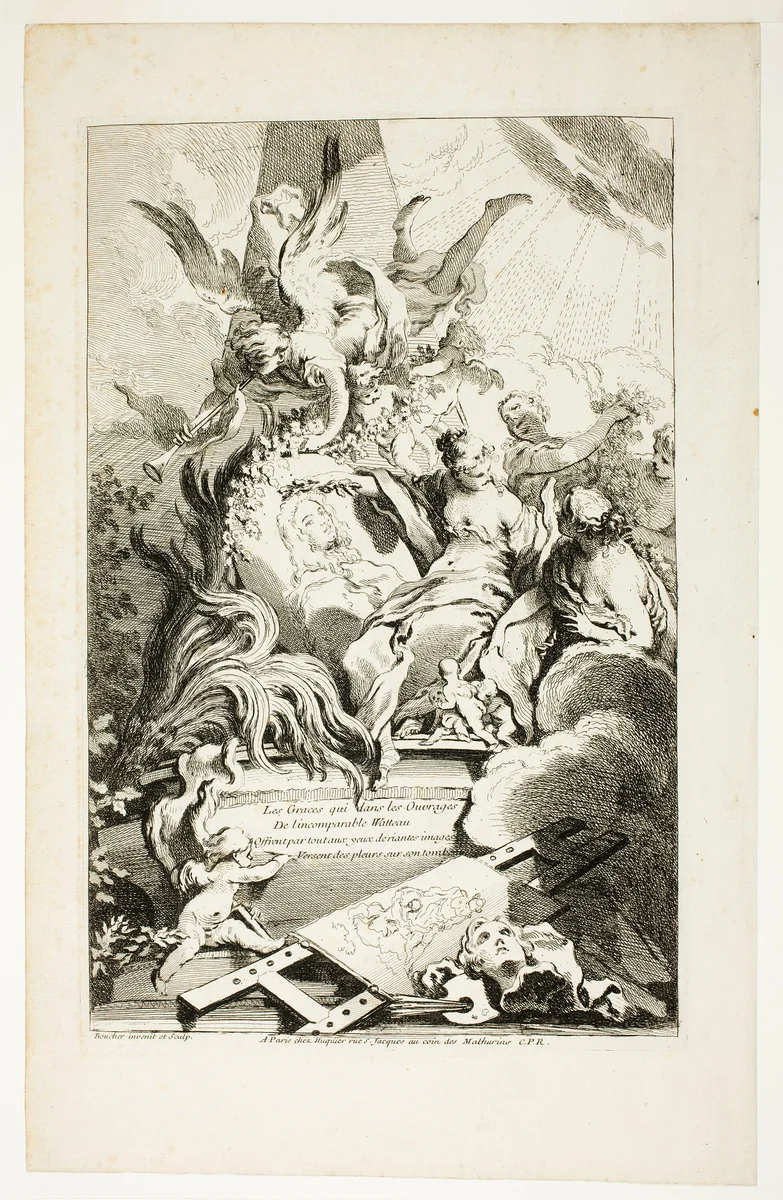 The Graces on the Tomb of Watteau by François Boucher, print, 1723-1770