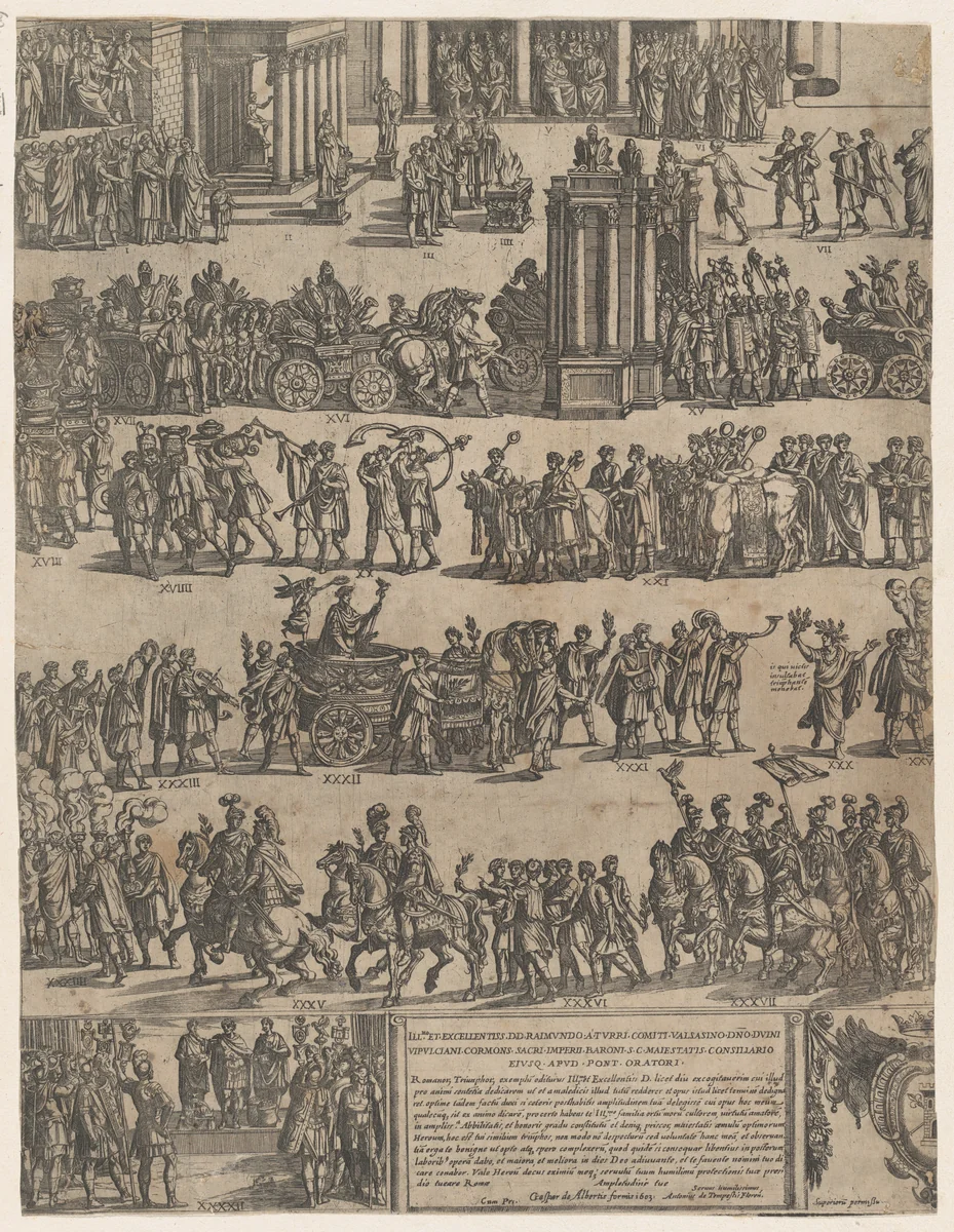 Triumph of a Roman Emperor (left side) by Antonio Tempesta, print, 1603