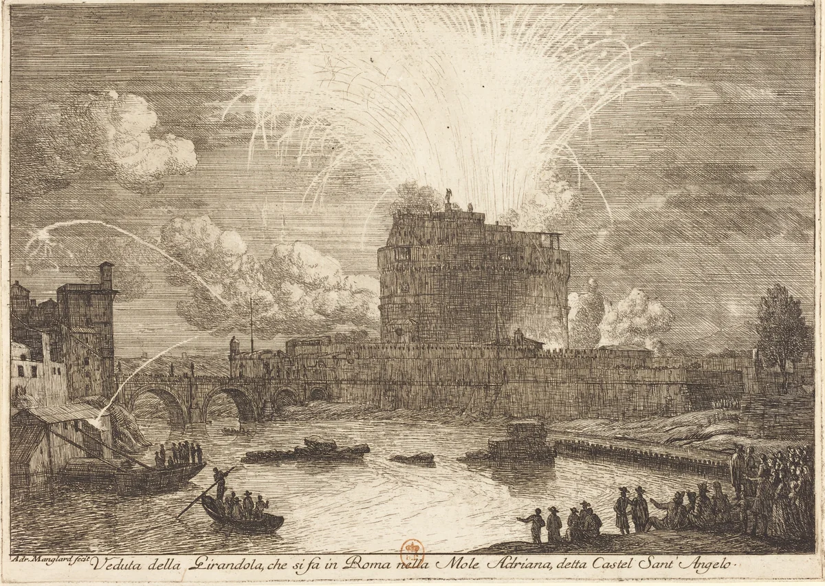 Veduta della Girandola a Castel Sant'Angelo (Fireworks Display over the Castle Sant'Angelo) by Adrien Manglard, print, 1750-1752