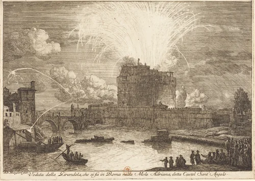 Veduta della Girandola a Castel Sant'Angelo (Fireworks Display over the Castle Sant'Angelo) by Adrien Manglard, print, 1750-1752
