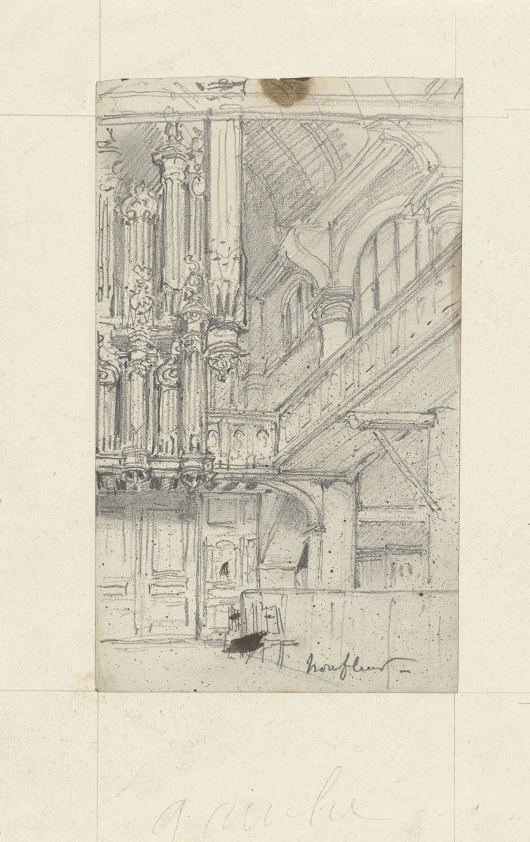 Interieur van de Sainte-Catherinekerk van Honfleur, gezien naar het orgel by Eugène Isabey, drawing, 1813-1886