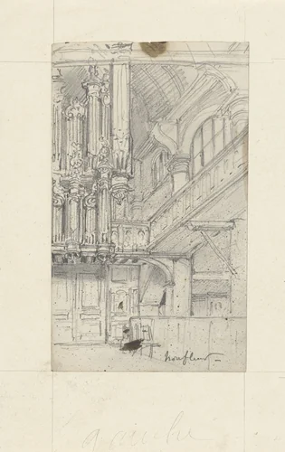 Interieur van de Sainte-Catherinekerk van Honfleur, gezien naar het orgel by Eugène Isabey, drawing, 1813-1886