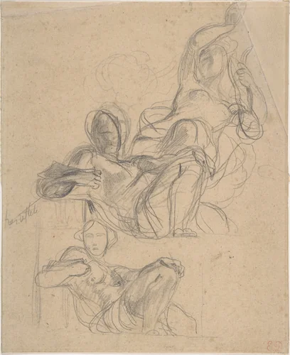Sheet of figure studies: two studies of a reclining figure, and a seated figure holding a lyre (?) by Eugène Delacroix, drawing, 1798-1863