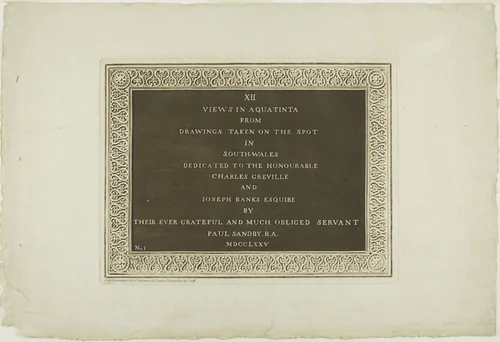 Title Plate, from Twelve Views in South Wales by Paul Sandby, print, 1775