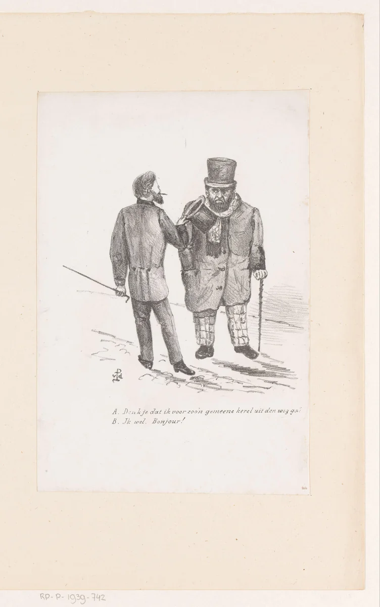 Man neemt hoed af voor man voor hem by Jeremias Adriaan Adolf Schill, print, 1864-1902