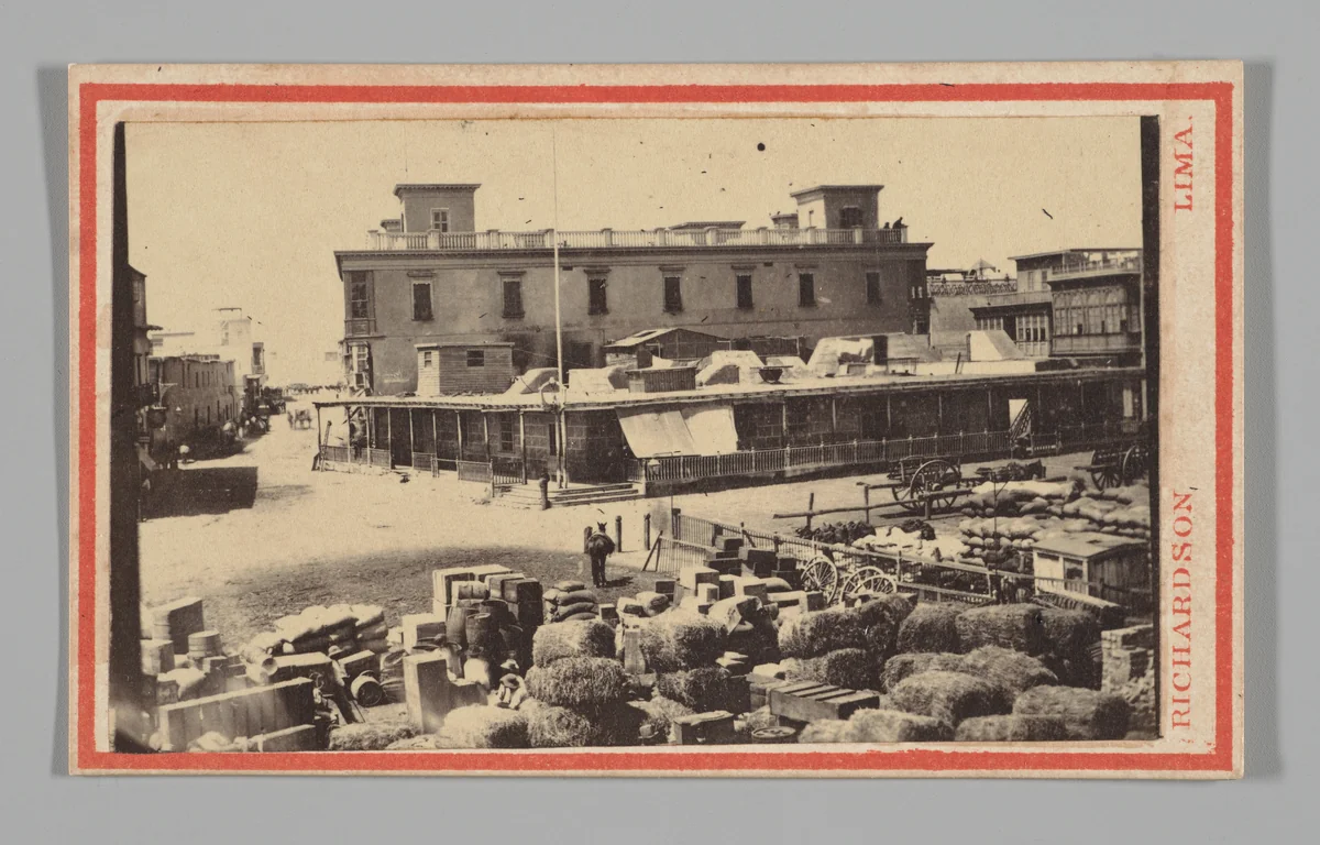 [Two Story Building with One Story Flat Roofed Building in Front, Lima] by Villroy L. Richardson, photograph, 1862-1875