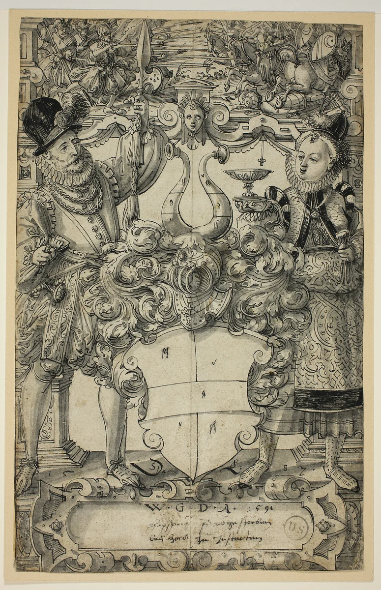 The Arms of Habsberg Flanked by an Elegant Couple by Daniel Lindtmayer, print, 1582-1592