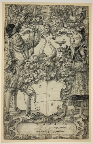 The Arms of Habsberg Flanked by an Elegant Couple by Daniel Lindtmayer, print, 1582-1592