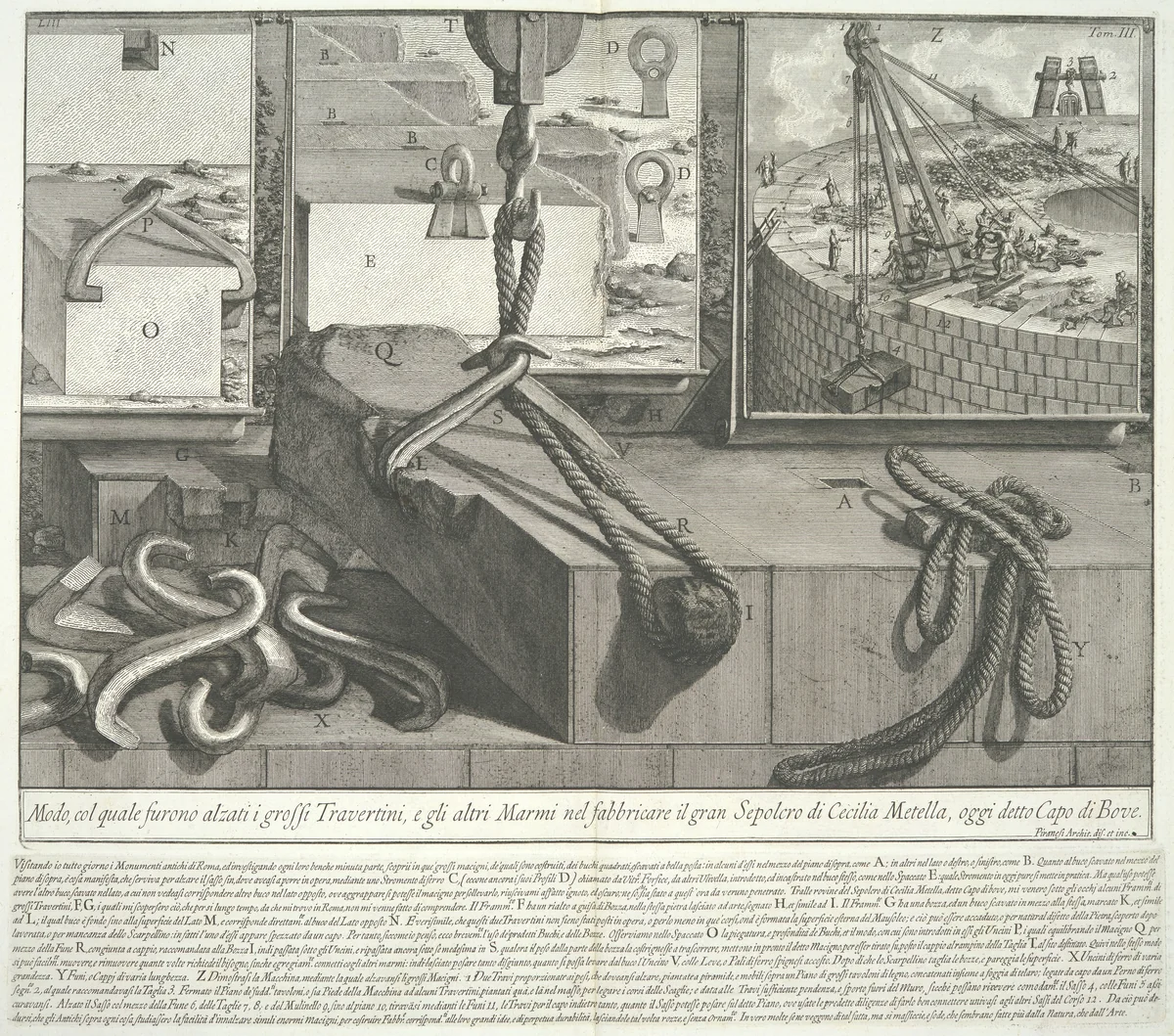 Means by which the large blocks of travertine and marble were lifted during the construction of the large Tomb of Caecilia Metella, tome 3, tavola 53 from "Le Antichità Romane" (Roman Antiquities) by Giovanni Battista Piranesi, book, 1756-1757