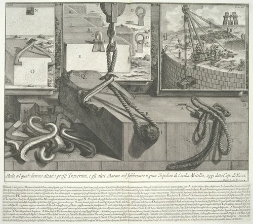 Means by which the large blocks of travertine and marble were lifted during the construction of the large Tomb of Caecilia Metella, tome 3, tavola 53 from "Le Antichità Romane" (Roman Antiquities) by Giovanni Battista Piranesi, book, 1756-1757